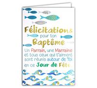 69-7082 Carte Félicitations pour ton Baptême - Parrain Marraine - Parents Heureux - Bébé Garçon ou Fille - Jour de Fête Poissons Eau Bleu Or Doré - Fabriquée en France