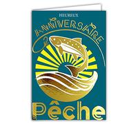 69-7096 Carte Heureux ANNIVERSAIRE PÊCHE en Or Doré Brillant - Avec enveloppe - Format fermé 115x170mm ; Fabrication Française