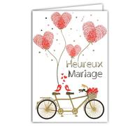 69-7098 Carte Félicitations Heureux Mariage - Or Doré Brillant - Enveloppe Incluse - Vélo Fleuri Tandem Oiseaux Amoureux Cœurs Rouges Empruntes Doigts - Fabriquée en France