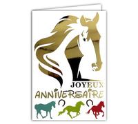 69-7101 Carte Joyeux ANNIVERSAIRE Tête de Cheval en Or Doré Brillant et Enveloppe 12x17,5cm Fer à Cheval Porte-Bonheur équitation hippisme club hippique équestre étalon Jument Poulain Poney écurie box