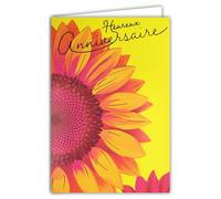 69-8103 Carte FLUO Heureux ANNIVERSAIRE avec Enveloppe 12x17,5cm - Illustration Fleur de Tournesol Gerbera Rose Orange Jaune Zoom Gros Plan Macro - Véritables encres FLUO - Créé et Fabriqué en France