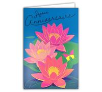 AFIE 69-8104 Carte FLUO Joyeux ANNIVERSAIRE avec Enveloppe 12x17,5cm - Illustration Fleurs Nénuphars Roses Lotus d'eau bleue Papillon - Véritables encres FLUO - Créé et Fabriqué en France