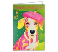 AFIE 69-8105 Carte FLUO Bon ANNIVERSAIRE avec Enveloppe 12x17,5cm - Illustration Petit Chien Chiot Mignon au Béret Rose Chapeau Basque - Véritables encres FLUO - Créé et Fabriqué en France