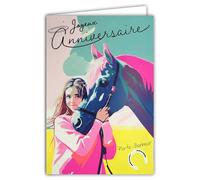 69-8107 Carte FLUO Joyeux ANNIVERSAIRE avec Enveloppe 12x17,5cm - Illustration Jeune Fille Poney à la Crinière Rose Fer à Cheval Porte-Bonheur - Véritables encres FLUO - Créé et Fabriqué en France