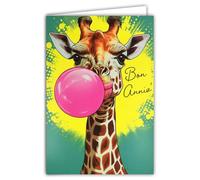 69-8108 Carte FLUO Bon ANNIVERSAIRE avec Enveloppe 12x17,5cm - Illustration Girafe qui fait une Bulle de Chewing-gum Rose Pâte Gomme à mâcher - Véritables encres FLUO - Créé et Fabriqué en France