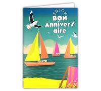 69-8109 Carte FLUO Bon ANNIVERSAIRE Enjoy your day avec Enveloppe 12x17,5cm - Illustration Bateaux Voiliers Régate Transat Plage Mer Bleue Mouette - Véritables encres FLUO - Créé et Fabriqué en France
