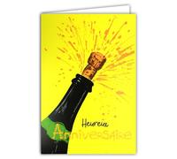 AFIE 69-8113 Carte FLUO Heureux ANNIVERSAIRE avec Enveloppe 12x17,5cm - Illustration Ouverture Bouchon Bouteille de Champagne Bulles de Bonheur - Véritables encres FLUO - Créé et Fabriqué en France