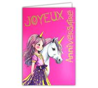 69-8117 Carte FLUO Joyeux Anniversaire Fille avec Enveloppe 12x17,5cm - Licorne Illustration Jeunesse Style Manga Cheval blanc Poney - Véritables encres FLUO Rose Jaune - Créé et Fabriqué en France