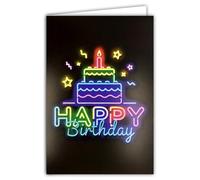 69-8120 Carte FLUO Texte NÉON Happy Birthday avec Enveloppe 12x17,5cm - Gâteau d'anniversaire Bougie allumée étoiles Intérieur Blanc pour écriture - Véritables encres FLUO - Créé et Fabriqué en France