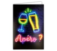 69-8121 Carte FLUO Texte NÉON Apéro avec Enveloppe 12x17,5cm - Trinquer Bière Vin Bonne Santé Félicitations Apéritif Intérieur Blanc pour écriture - Véritables encres FLUO - Créé et Fabriqué en France