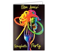 69-8122 Carte FLUO Texte NÉON Bon Anniversaire Spaghetti Pasta Party avec Enveloppe 12x17,5cm - Cuisine Italienne Intérieur Blanc pour écriture - Véritables encres FLUO - Créé et Fabriqué en France