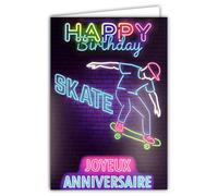69-8123 Carte FLUO Texte NÉON Happy Birthday Joyeux Anniversaire Skate Skateboard avec Enveloppe 12x17,5cm - Skateur Casquette Sportif Urbain - Véritables encres FLUO - Créé et Fabriqué en France