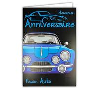 69-8126 Carte FLUO Heureux Anniversaire Passion Auto Voiture Sport Mécanique Coupé Bleu - Avec Enveloppe 12x17,5cm - Intérieur Blanc pour écrire - Véritables encres FLUO - Créé et Fabriqué en France