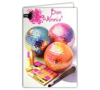 69-8129 Carte FLUO Bon Anniversaire Fille Femme avec Enveloppe 12x17,5cm - Boules à Facettes Déco Soirée Disco Danse Musique Rouge à lèvre Rose - Véritables encres FLUO - Créé et Fabriqué en France