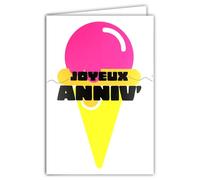 69-8133 Carte FLUO Joyeux Anniversaire Cornet de Glace Rose - Avec Enveloppe 12x17,5cm - Intérieur Blanc pour écrire - Véritables encres FLUO - Créé et Fabriqué en France