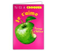69-8134 Carte Je t'aime Saint Valentin 14 février Tu es à croquer Pomme d'Amour Craquante Rose Avec Enveloppe 12x17,5cm - Intérieur Blanc pour déclarer sa flamme - Encres FLUO - Fabriqué en France