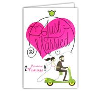 69-8139 Carte FLUO Félicitations Heureux MARIAGE Just Married Scooter Italien Dolce Vita Voyage de Noces pour Couple Homme Femme - Avec Enveloppe 12x17,5cm Intérieur Blanc - Créé et Fabriqué en France