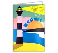 69-8144 Carte FLUO DÉPART Tu vas nous manquer Retraite ou Déménagement Illustration Phare Coucher de Soleil Mer - Avec Enveloppe 12x17,5cm - Intérieur Blanc -Encres FLUO - Créé et Fabriqué en France