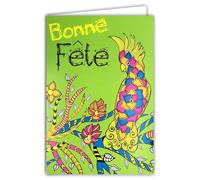 69-8148 Carte FLUO Bonne Fête Oiseau Coloré Exotique Tropical Perruche Perroquet Fleurs Orchidées - Avec Enveloppe 12x17,5cm - Intérieur Blanc pour écrire -Encres FLUO -Créé et Fabriqué en France