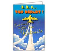69-8153 Carte FLUO TOP DÉPART en RETRAITE Félicitations Cadeau 3 2 1 C'est l'heure de fêter ta Retraite Décollage Avion Fusé - Avec Enveloppe Blanche 12x17,5cm - Création Fabrication Qualité Française