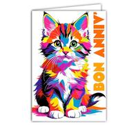 69-8158 Carte FLUO Bon ANNIVERSAIRE Chaton Mignon Jeune Chat Pop Art Multicolore Animal Idée Cadeau pour Enfant Adolescent(e) -Avec Enveloppe Blanche 12x17,5cm -Création Fabrication Qualité Française
