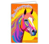 69-8160 Carte FLUO Bon ANNIVERSAIRE Cheval Poney Multicolore Pop Art Idée Cadeau pour Enfant Adolescent On te souhaite Vœux -Avec Enveloppe Blanche 12x17,5cm -Création Fabrication Qualité Française