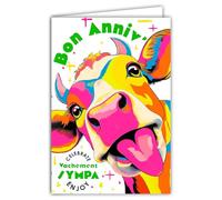69-8161 Carte FLUO Bon ANNIVERSAIRE VACHEment Sympa Vache qui tire la langue rit Celebrate Enjoy your Day Pop Art Multicolore -Avec Enveloppe Blanche 12x17,5cm -Création Fabrication Qualité Française
