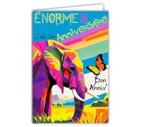 69-8163 Carte FLUO Bon ANNIVERSAIRE Éléphant C'est Énorme Papillon Arc-en-Ciel Pop Art Multicolore Animal Paysage Afrique -Avec Enveloppe Blanche 12x17,5cm -Création Fabrication Qualité Française