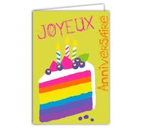 69-8164 Carte FLUO Joyeux ANNIVERSAIRE Gâteau Arc-en-ciel Rainbow Cake Pop Art Multicolore 3 Bougies Pâtisserie Enfant Ado -Avec Enveloppe Blanche 12x17,5cm -Création Fabrication Qualité Française