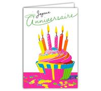 69-8165 Carte FLUO Joyeux ANNIVERSAIRE Gâteau Cupcake Pop Art Multicolore 6 Bougies Ans Pâtisserie Jeune Enfant Ado -Avec Enveloppe Blanche 12x17,5cm -Création Fabrication Qualité Française