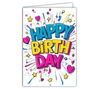 69-8169 Carte FLUO Happy Birthday Multicolore Couleurs Vives de l'Arc-en-ciel Style Comics Pop Art Cœurs Roses Étoiles Jaunes -Avec Enveloppe Blanche 12x17,5cm -Création Fabrication Qualité Française
