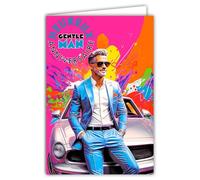 69-8172 Carte FLUO Heureux Anniversaire pour Gentle Man Homme élégant Chic Voiture Automobile de Collection Pop Art Street Art -Avec Enveloppe Blanche 12x17,5cm -Création Fabrication Qualité Française