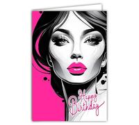 69-8173 Carte FLUO Happy Birthday pour Jeune Fille Femme élégante Illustration Visage Noir et Blanc Rouge à Lèvres Rose Pop Art -Avec Enveloppe Blanche 12x17,5cm-Création Fabrication Qualité Française