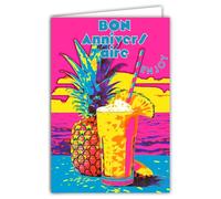 69-8175 Carte FLUO Bon ANNIVERSAIRE Enjoy Cocktail Ananas piña colada Coucher de Soleil Rose Style Pop Art Multicolore - Avec Enveloppe Blanche 12x17,5cm - Création Fabrication Qualité Française