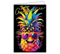 69-8176 Carte FLUO Joyeux ANNIVERSAIRE Ananas Souriant avec des Lunettes de Soleil Style Pop Art Multicolore Humoristique - Avec Enveloppe Blanche 12x17,5cm - Création Fabrication Qualité Française
