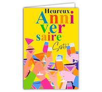 69-8180 Carte FLUO Heureux ANNIVERSAIRE Santé Mains en l'air qui Trinquent avec des Flutes Coupes Cocktails Champagne Pop Art - Avec Enveloppe Blanche 12x17,5cm -Création Fabrication Qualité Française