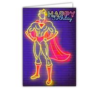 69-8181 Carte FLUO Happy Birthday Super Héros Style Néon pour Garçon Homme Super Man Fort Musclé Costaud avec une Cape Rouge - Avec Enveloppe Blanche 12x17,5cm -Création Fabrication Qualité Française
