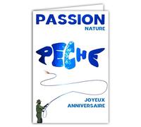 69-9009 Carte ANNIVERSAIRE +Enveloppe 12x17,5cm Mot Pêche Bleu Brillant en forme de Silhouette de Poisson pour Pêcheur à la Ligne Mouche Eau Douce Rivière - Création Impression Fabrication Française