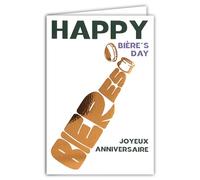 69-9013 Carte Joyeux ANNIVERSAIRE +Enveloppe 12x17,5cm Happy Bière's Day Cuivré Orange Brillant Silhouette Forme de Bouteille Boire un coup Trinquer Santé - Création Impression Fabrication Française