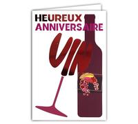69-9014 Carte Heureux ANNIVERSAIRE +Enveloppe 12x17,5cm Mot Vin Rouge Brillant Silhouette Forme de Verre Ballon et Bouteille Boire un coup Trinquer Santé - Création Impression Fabrication Française
