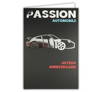 69-9016 Carte Joyeux ANNIVERSAIRE +Enveloppe 12x17,5cm Mot Auto Argenté Brillant Silhouette en forme d'Automobile Voiture de Sport Allemande pour Passionné