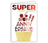 69-9017 Carte Super Bon ANNIVERSAIRE Rouge Brillant +Enveloppe 12x17,5cm Forme de Cupcake Pâtisserie Fraise Cerises Belle Journée à Croquer pour Gourmand(e) - Création Impression Fabrication Française