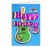 69-9025 Carte Happy BirthDay pour Jeune Adolescente +Enveloppe 12x17,5cm Musique Guitare Hippie Boho Baskets Arc-en-Ciel Mots Lettres en Rose Fuchsia Brillant Création Impression Fabrication Française