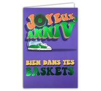 69-9026 Carte Joyeux ANNIVERSAIRE Bien dans tes Baskets +Enveloppe 12x17,5cm Disque Vinyle Vintage Musique Années 1960 Sixties Mots Lettres en Vert Brillant Création Impression Fabrication Française