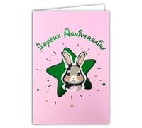 69-9029 Carte Joyeux ANNIVERSAIRE Petit Lapin Mignon pour Enfant Fille Garçon +Enveloppe 12x17,5cm Étoile Verte Brillante Lapereau Rose Tendre Intérieur Blanc Création Impression Fabrication Française