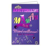 69-9035 Carte Joyeux ANNIVERSAIRE pour MAMAN Mère Merveilleuse On t'adore Texte Mots Lettres en Rose Fuchsia Brillant +Enveloppe 12x17,5cm - Intérieur Blanc - Création Impression Fabrication Française