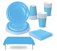 69 pièces Vaisselle Jetable Bleu Clair,Comprend Assiettes Carton Jetable Tasses Serviettesr en Papier et Nappe,Kit Decoration Anniversaire Fêtes Pique-niques Mariage Noël,Biodégradables,Recyclable