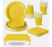 69 pièces Vaisselle Jetable Jaune,Comprend Assiettes Carton Jetable Tasses Serviettesr en Papier et Nappe,Kit Decoration Anniversaire Fêtes Pique-niques Mariage Noël,Biodégradables,Recyclable