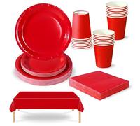 69 pièces Vaisselle Jetable Rouge,Comprend Assiettes Carton Jetable Tasses Serviettesr en Papier et Nappe,Kit Decoration Anniversaire Fêtes Pique-niques Mariage Noël,Biodégradables,Recyclable
