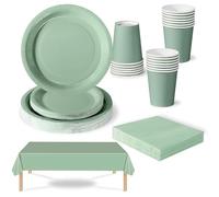 69 pièces Vaisselle Jetable Vert Sauge,Comprend Assiettes Carton Jetable Tasses Serviettesr en Papier et Nappe,Kit Decoration Anniversaire Fêtes Pique-niques Mariage Noël,Biodégradables,Recyclable